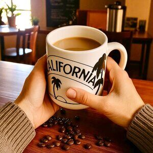 Vintage Coffee Mug CALIFORNIA Artist Signed Palm Trees Made in England